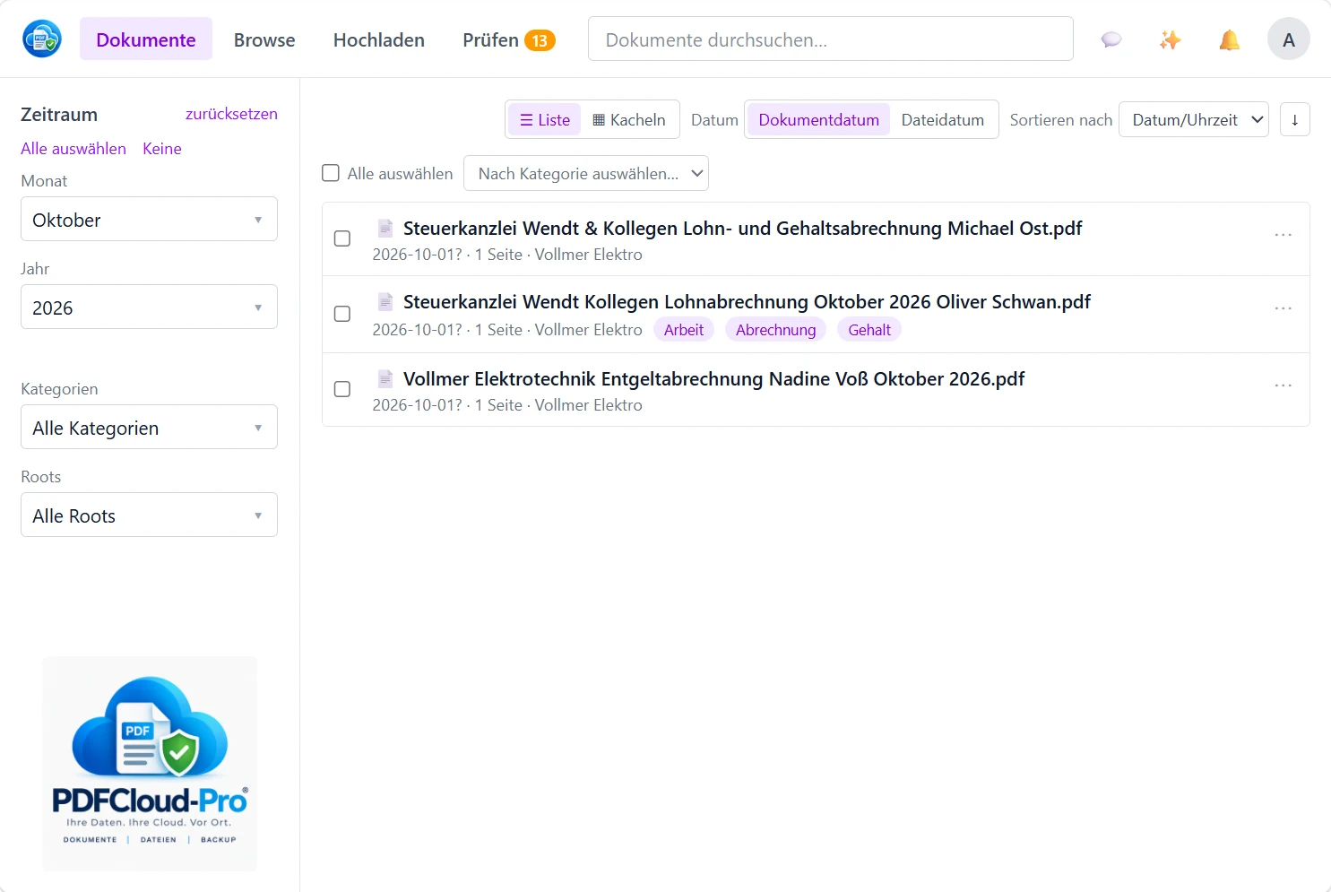 PDFCloud-Pro: Dokumentenliste mit Kategorien